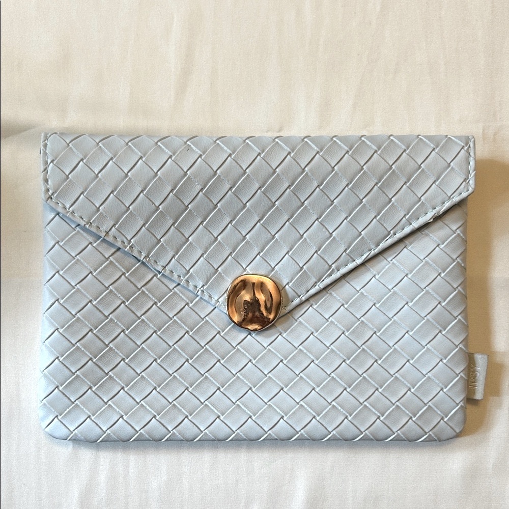 Woven Light Blue Cosmetic Bag with Gold Button—NWOT
